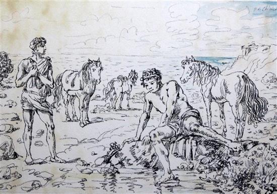 Georgio De Chirico (1888-1978) Classical youths on the beach, overall 18.5 x 25.5in.